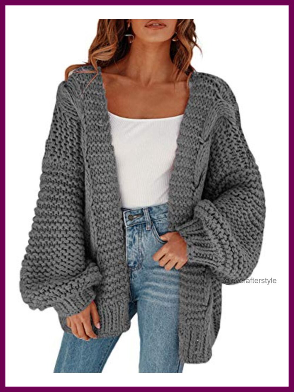 Open Front Chunky Knit Cardigan Loose Lantern Sleeve Oversized Sweater